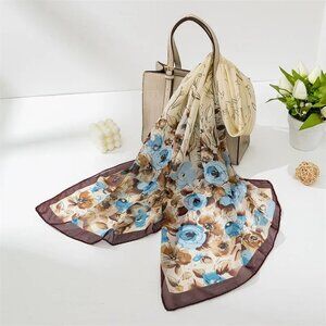 2/$30 Floral Silk Feel Long Scarf Blue Brown Chiffon Lightweight Wrap Shawl